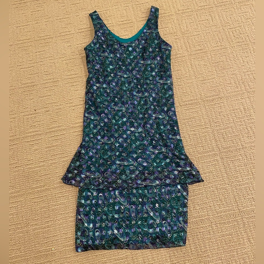 Vintage Patra Blue-Green Shimmer Retro Layered Tiered Dress Sleeveless (12)